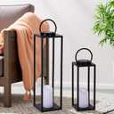 Large Solar Outdoor Lanterns, 25" 16" Tall Farmhouse Black Metal Waterproof Decorative Lanterns with Solar Candles for Front Porch, Patio, Christmas, Fall Decor- Set of 2