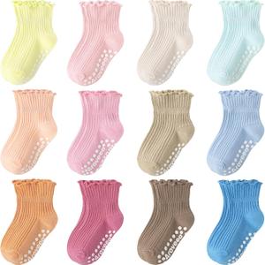 Baby Toddler Girls Socks Grip Ruffle Non Slip Girls Cotton 12 Pack Socks for Kids Cute Ankle 6M-7Years (Frilly Rainbow)