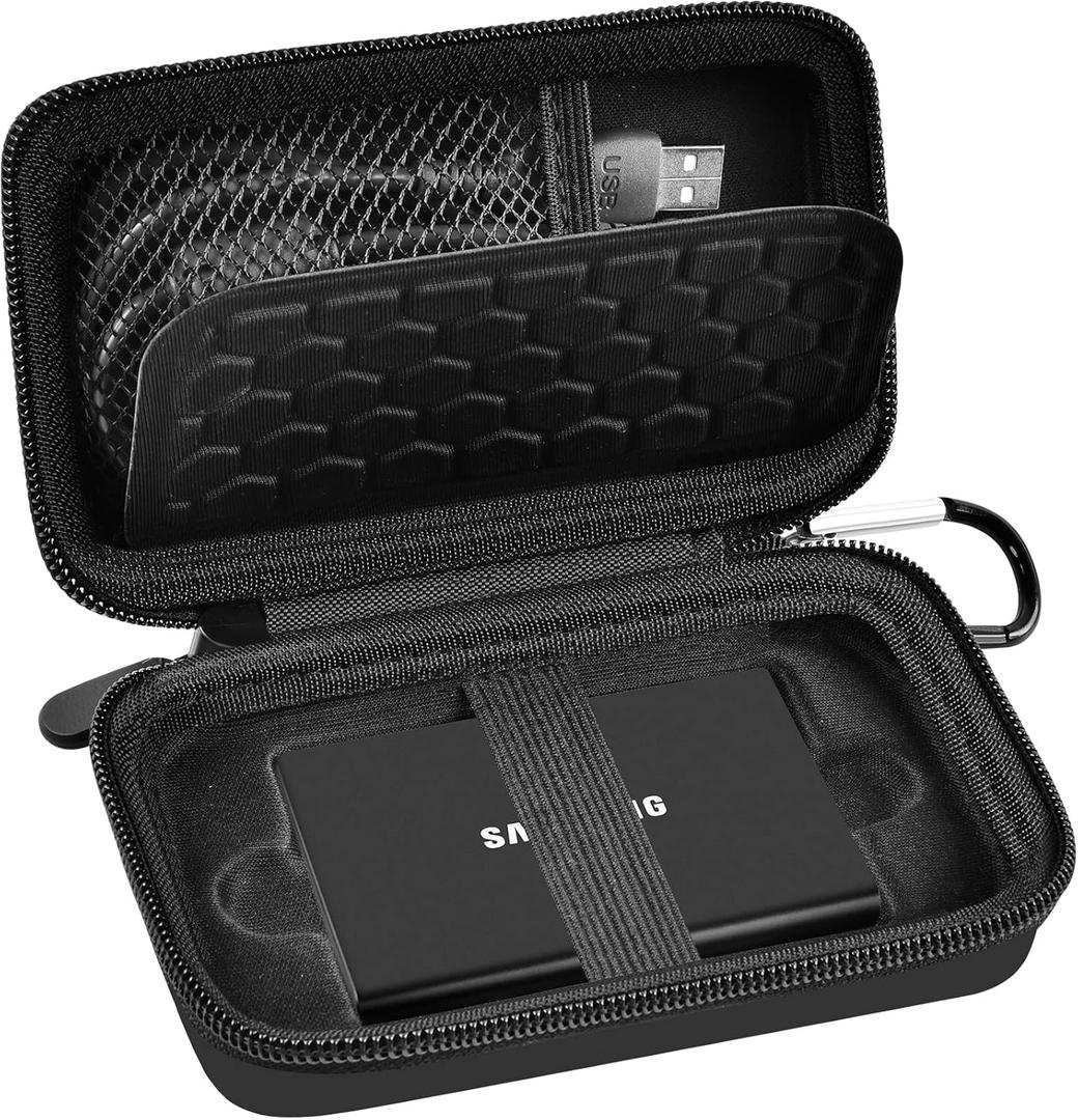 Case Compatible with Samsung T7/ T7 Touch Portable SSD 1TB 2TB 500GB USB 3.2 External Solid State Drive, Travel Carrying Storage Organizer Fits for USB Cables and More Accessories (Full Black)