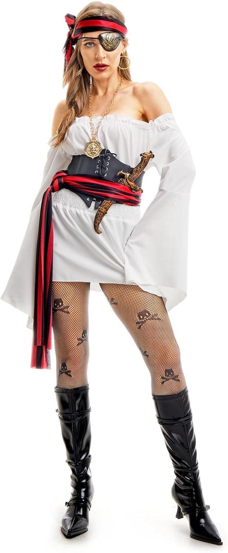 Halloween Costumes Woman -[9 in 1 Pack] Pirate Costume Set for Women with Pirate Accessories [Pirate Dress] (Medium)