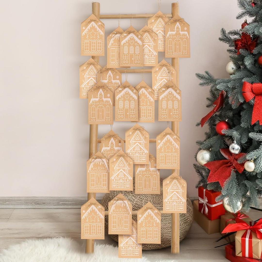 Epakh 24 Pcs Christmas Gingerbread House Gift Bags Winter Snow Gingerbread House Kraft Paper Bags 24 Days Xmas Advent Countdown Christmas Candy Goodie Treat Grocery Pouch for Xmas Party Favor Gift