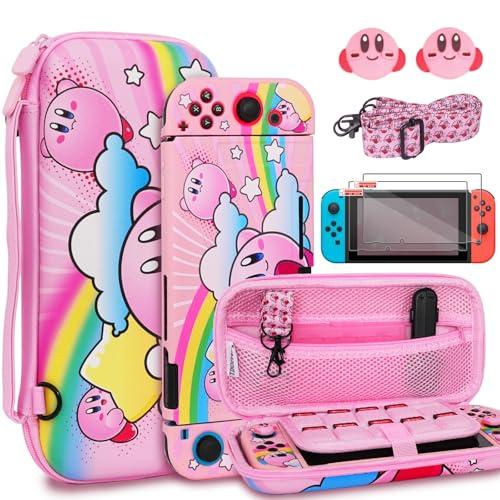 TIKOdirect Carrying Case for Switch, Cute Portable Accessories Bundle 5 in 1 of Pink Interior with Soft Protective Case, Screen Protectors and Thumb Grip caps, Pink