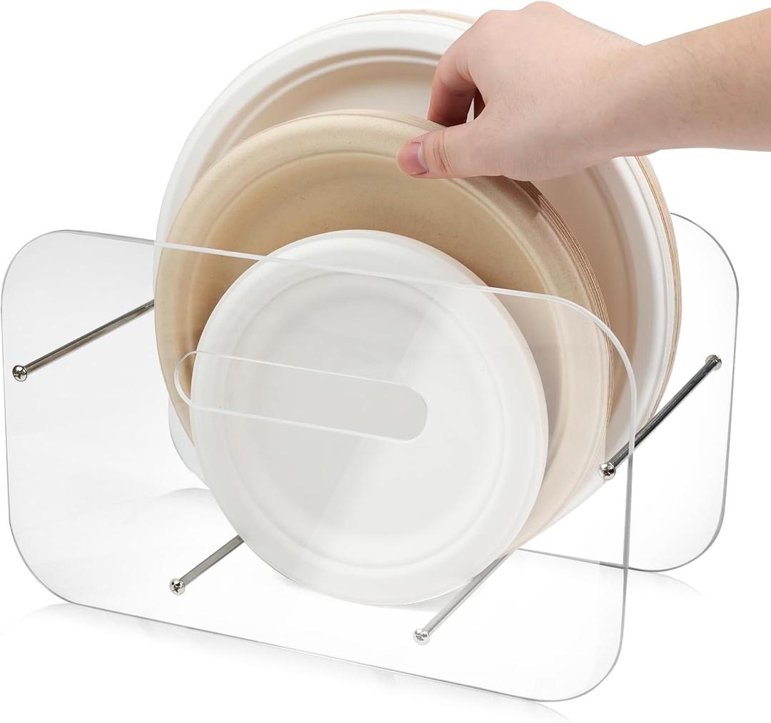 Paper Plate Dispenser, 7-12 Inch Disposable Plates Storage Organizer, Round Square Plastic Foam Paper Plate Acrylic Organizer for Cabinet, Countertop, RV or Outdoor Use (1)
