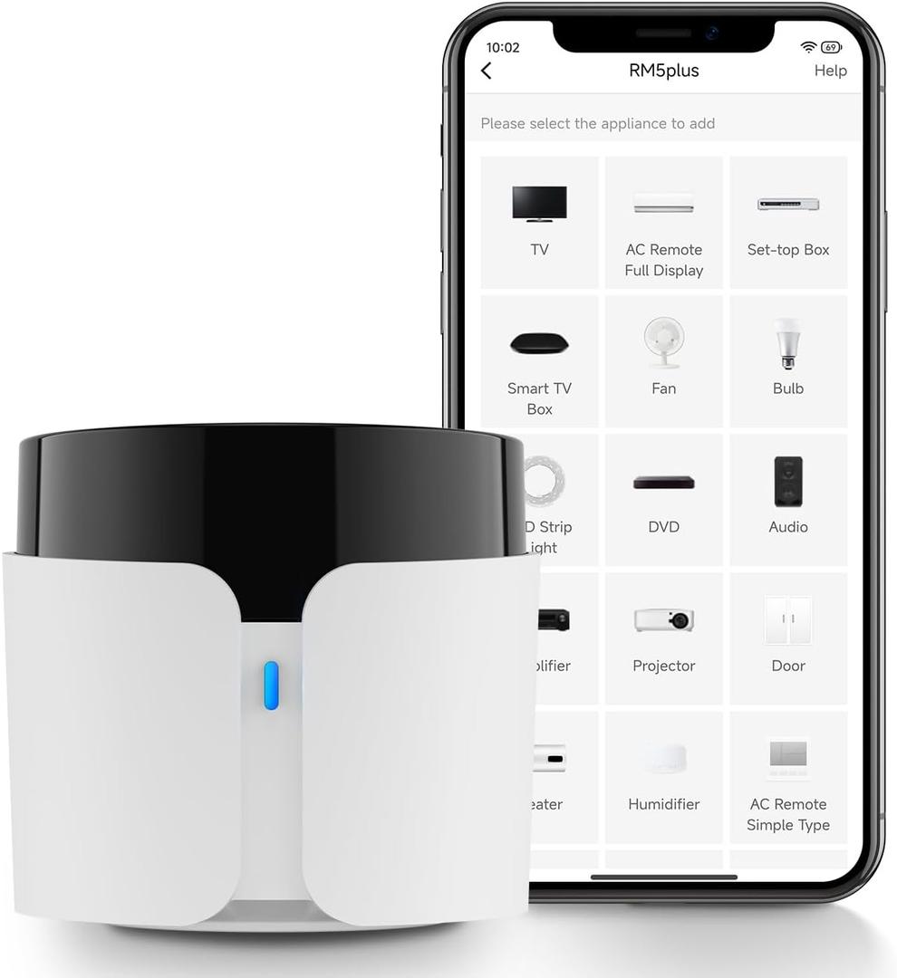 Broadlink RM5plus Universal Infrared Remote, Voice Control with Alexa & Google Home, Wi-Fi Smart Home Hub for TV, AC and Audio (IR 38KHz), 2.4GHz Wi-Fi Only