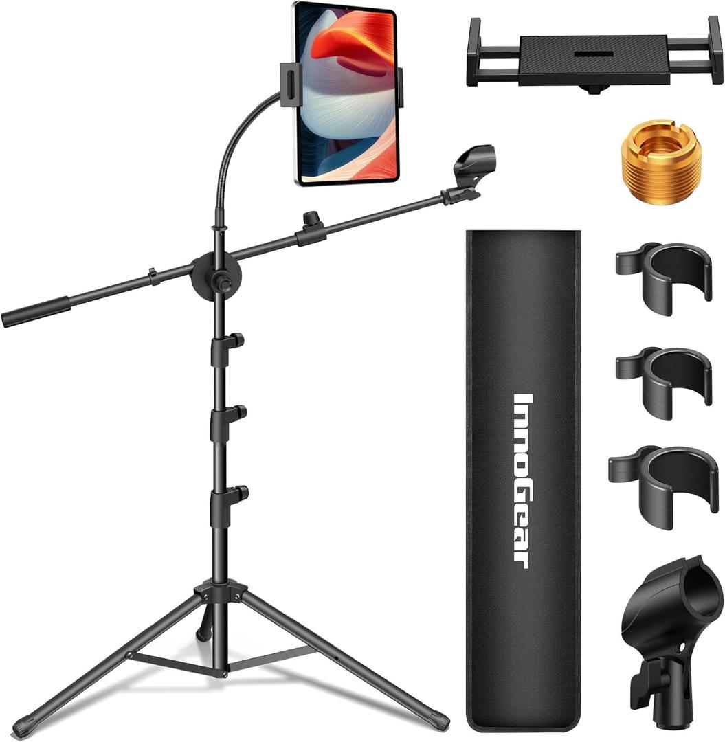 InnoGear Mic Stand, 6 in 1 Microphone Stand Floor with Tablet Phone Holder Height Adjustable from 30" to 72" Mic Stand Tripod Boom Arm with Gooseneck Carrying Bag for Singing Karaoke Stage