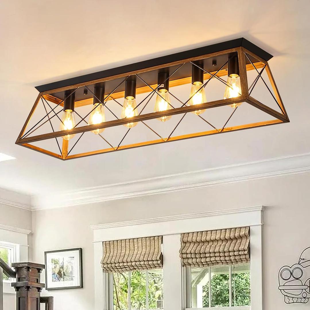 38” Farmhouse Large Flush Mount Ceiling Light Fixture with Walnut Finish