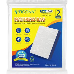 TICONN 2PK Plastic Mattress Bag for Moving Storage, Waterproof Mattress Protector Cover, Heavy-Duty Mattress Moving Supplies (1.5 mil, Twin)