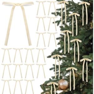 24 Pcs Velvet Bows Christmas Tree Ornaments Vintage Velvet Ribbon Bows for Tree Garland Wreath Indoor Xmas Decorations(5 x 7 Inch, Width of 3/8", Beige)