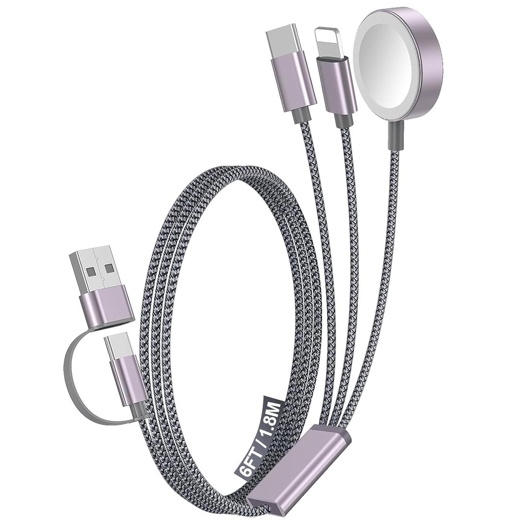 1Pack Multi Charging Cable Cord for Travel Essentials,Apple Watch Charger,iPhone Charger,[3-in-2] Type C/L Cable Portable Designed for iWatch,iPhone 17-8,Galaxy S25-21,AirPods,iPad-1.8M Gray (1Pack-6 FT)