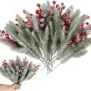 60 Pcs Christmas Artificial Snowy Pine Needles Branches with Red Berry Stems Pine Tree Decor 11.4'' Pine Needles for Winter Holiday Xmas Wreath Garland Home Garden Party Decoration