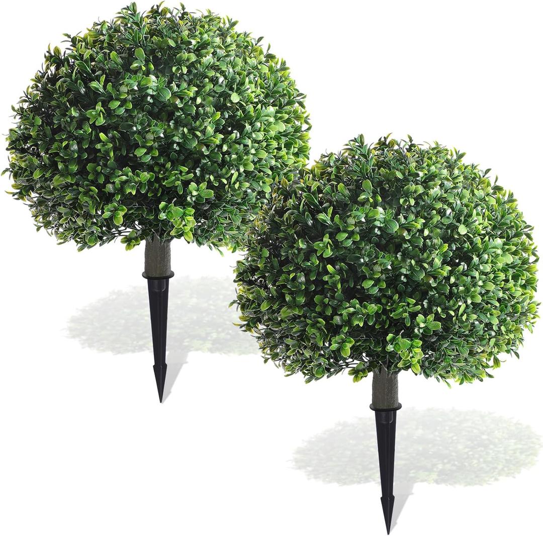 Yunlly 2 Pack 18" Artificial Boxwood Ball Bush Topiary Trees Fake Outdoor Plants, Realistic UV Resistance Faux Shrubs with Spike Greenery Topiary for Front Porch Garden Yard Patio Indoor (Green)