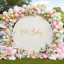 7.2FT Ivory Round Backdrop Cover for 5-7.2ft Circle Arch Stand with Oh Baby Decal Sign - Thick Fitted Spandex Arch Backdrop Cover for Baby Shower, Wedding Arch, Birthday Party and Photography