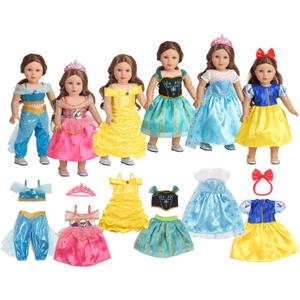 18 Inch Doll Clothes 6 Sets Princess Dresses Accessories Costume Jasmine Aurora Belle Snow White for 18 Inch Dolls