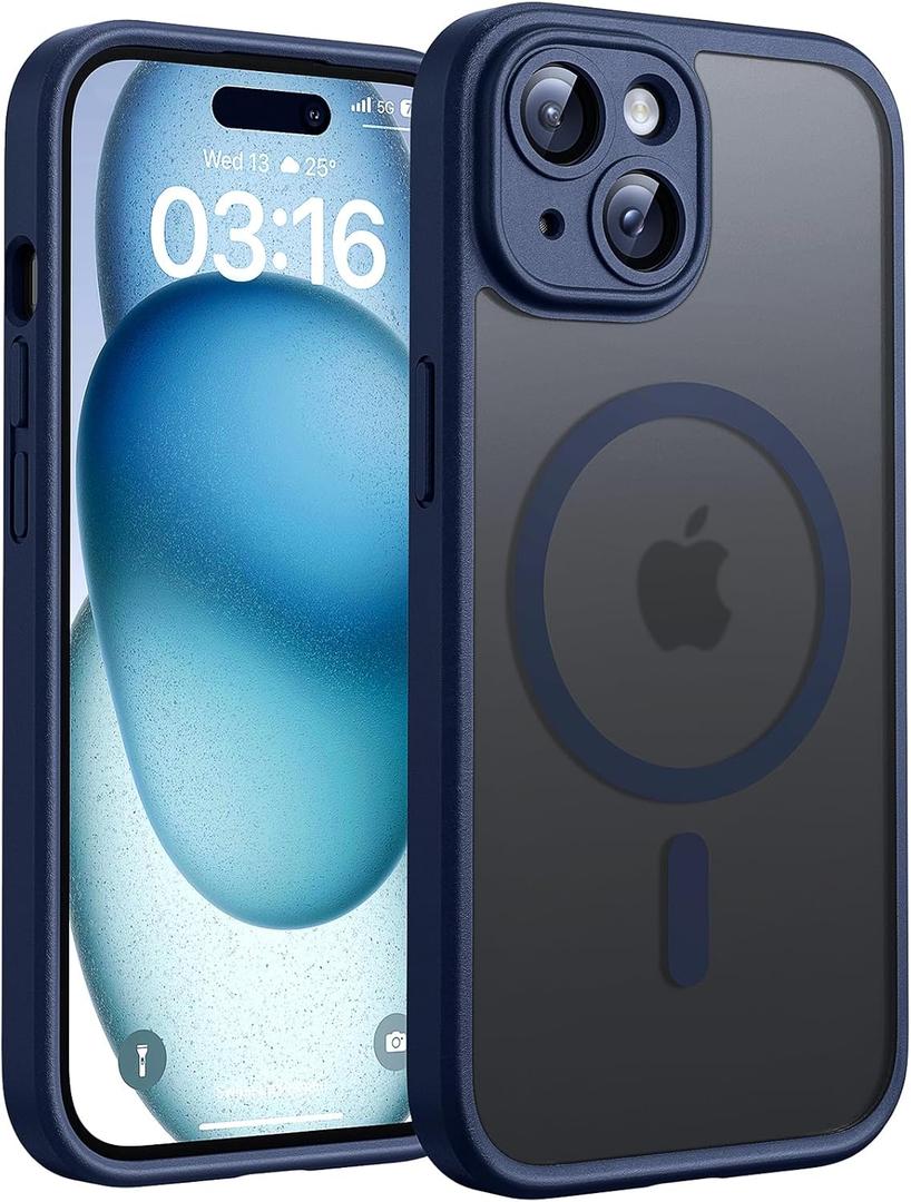 TOCOL Magnetic for iPhone 15 Case, Upgraded Full Camera Protection, Compatible with Magsafe, Drop Protection, Translucent Matte Back Bumper Phone Cover 6.1-Inch (Dark Blue)