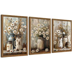 InspiredHues 3 Piece Elegant Farmhouse Canvas Wall Art, Vintage Floral Pictures Wall Decor, Nature Themed Daisy Artwork Prints for Living Room Bedroom Kitchen Home Decoration 16x24 Inch Wood Framed