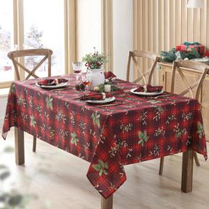 Newbridge Christmas Red Spruce Plaid 60 x 120 Inch Rectangle Fabric Tablecloth  Holly, Pinecones & Evergreen Winter Print, Soil Resistant No-Iron Holiday Dining Table Cover