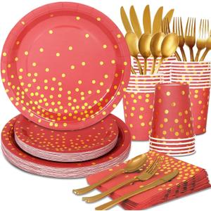 168Pcs Red and Gold Party Decorations, Red Plates and Napkins Party Supplies Serve 24, for Birthday Chinese New Year, Valentines, Mardi Gras
