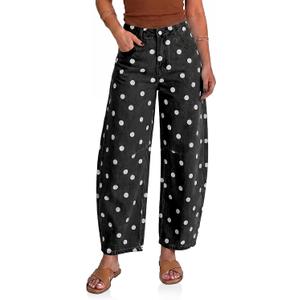 Cicy Bell Womens Polka Dot Barrel Jeans Baggy Wide Leg Denim Pants (Black, 16)