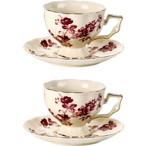 KAMMAK Tea Cups and Saucers Set of 2, Porcelain Coffee Cups, 7-Ounce Stackable Espresso Mugs, Ceramic Demitasse for Coffee, Latte, Americano, Tea, Red Orchid