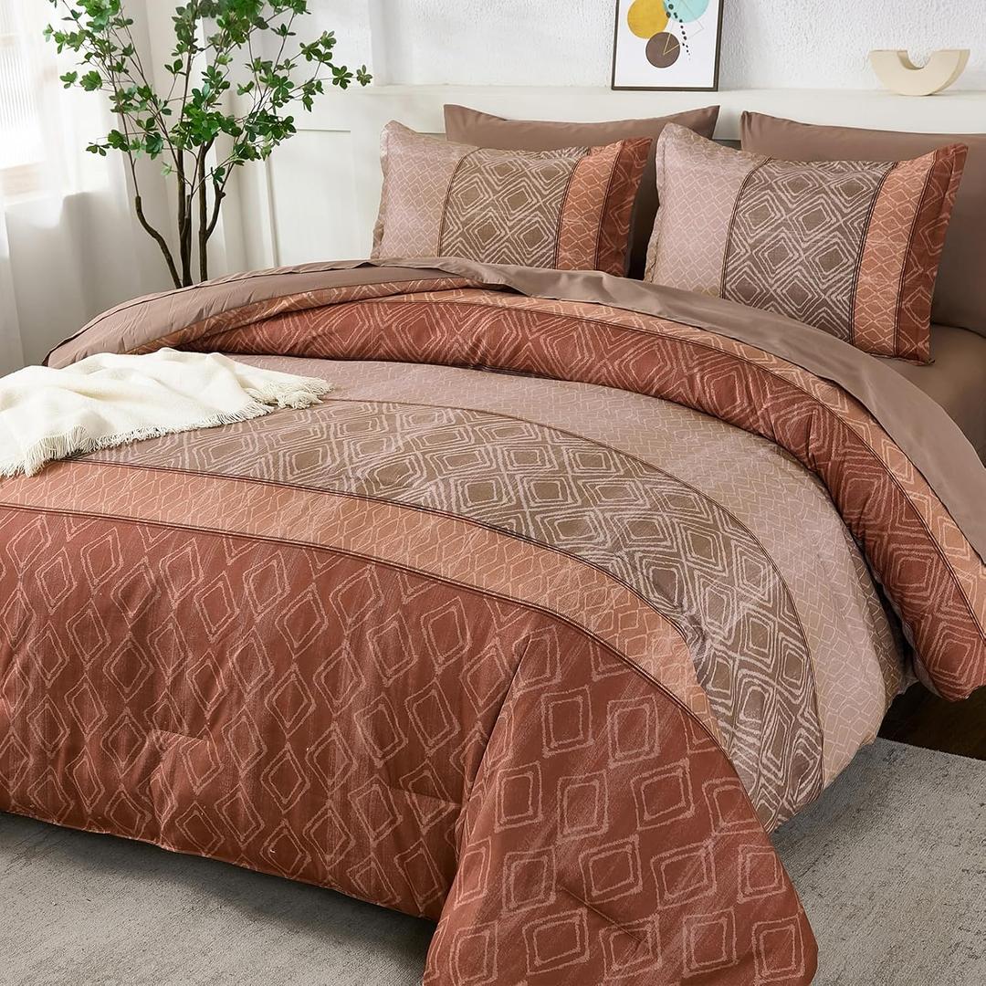 Boho Queen Comforter Set Red Brown 7 Piece Bed in a Bag Lightweight