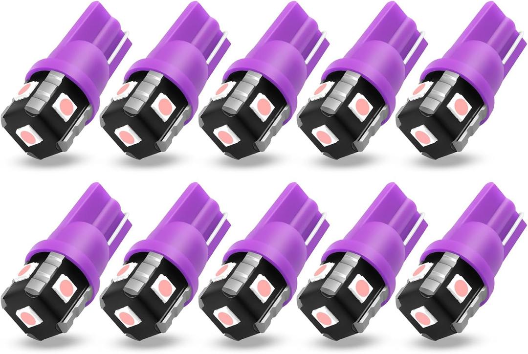 PHINLION 194 LED Light Bulb Purple 168 2825 W5W T10 Wedge 5-SMD 3030 Chipsets LED Replacement Bulbs for Car Interior Dome Map Door Courtesy Parking License Plate Lights, Pack of 10