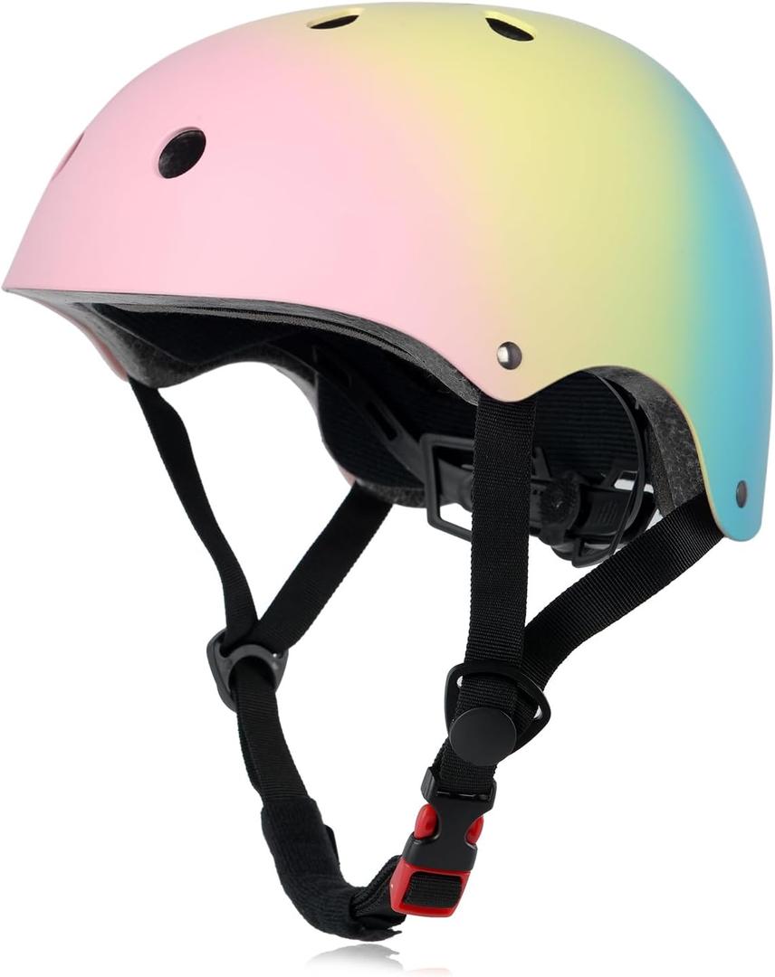 Kids Bike Helmet, Adjustable and Multi-Sport, from Toddler to Youth, 3 Sizes (Large: 22.4" - 24.0", Pink Yellow Blue)