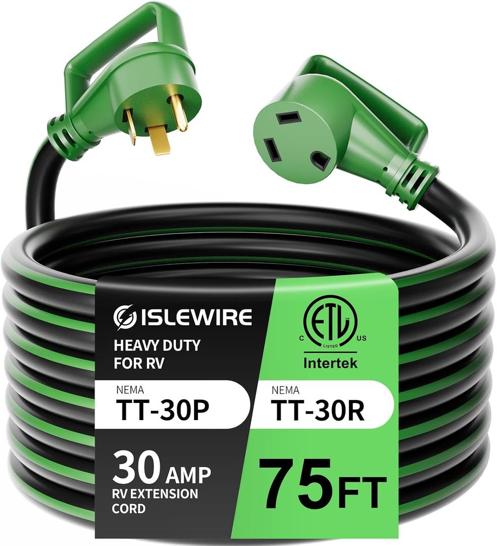 30 Amp 75 Feet RV Extension Cord with Grip Handle, Heavy Duty 10 Gauge 3-Prong 125V STW Pure Copper RV Cord, NEMA TT-30P/R with Cord Organizer for RV Trailer Campers, Black&Green, ETL Listed