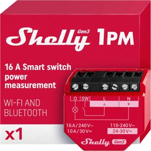 Shelly 1PM Gen3 | WiFi Smart Relay Switch with Power Metering, 1-Channel 16A | Home Automation | Compatible with Alexa & Google Home | iOS Android App | No Hub | Wireless Lighting Control