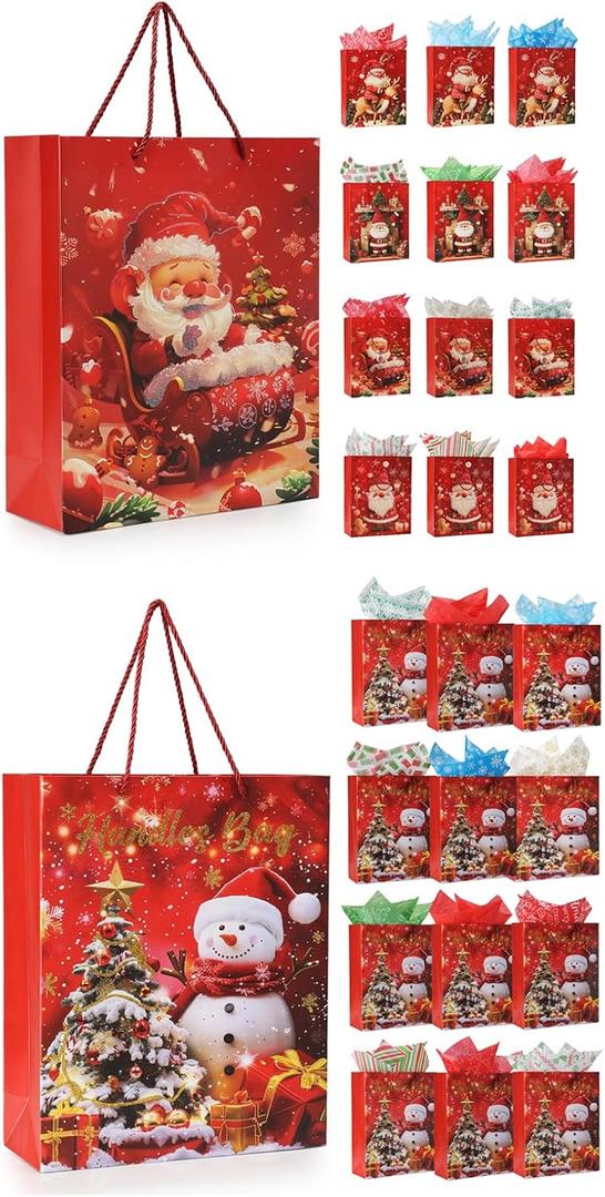 Rusikia 24 Pack Christmas Gift Bags Cute Santas-12pcs Small, Snowman-12pcs Medium Assorted Sizes Pictures Bulk Paper Gift Bag for Favors Birthday Xmas Holiday