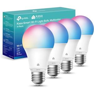 Kasa Smart Light Bulbs, Full Color Changing Dimmable Smart WiFi Bulbs Compatible with Alexa and Google Home, A19, 9W 800 Lumens,2.4Ghz only, No Hub Required, 4 Count (Pack of 1), Multicolor (KL125P4)