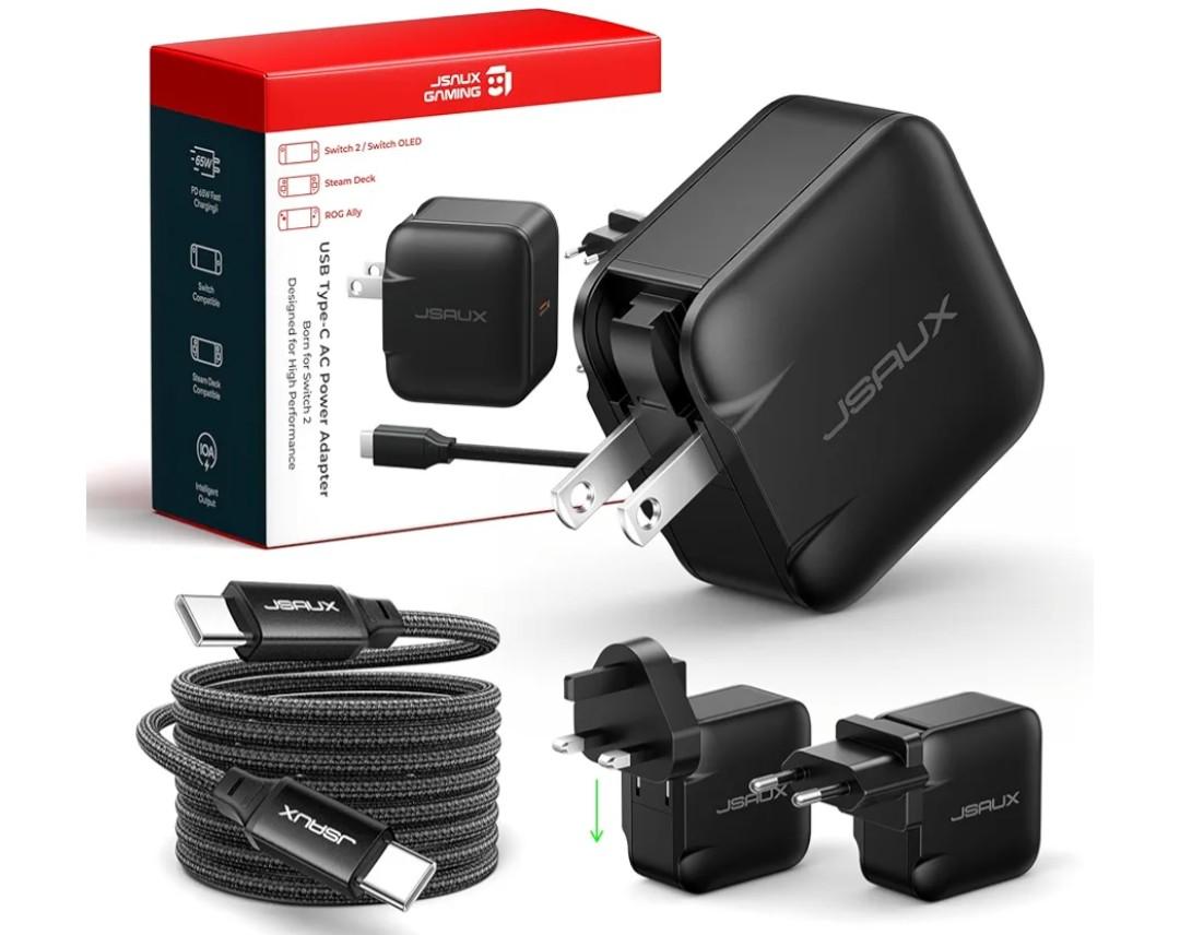 JSAUX 65W USB C Charger for Nintendo Switch 2, Powers in TV Mode, with EU/UK Plug & 6.6FT Cable, GaN PD Fast Charge for ROG Xbox Ally, Steam Deck, ROG Ally, iPhone 17, Galaxy, Tablet & Laptop – Black