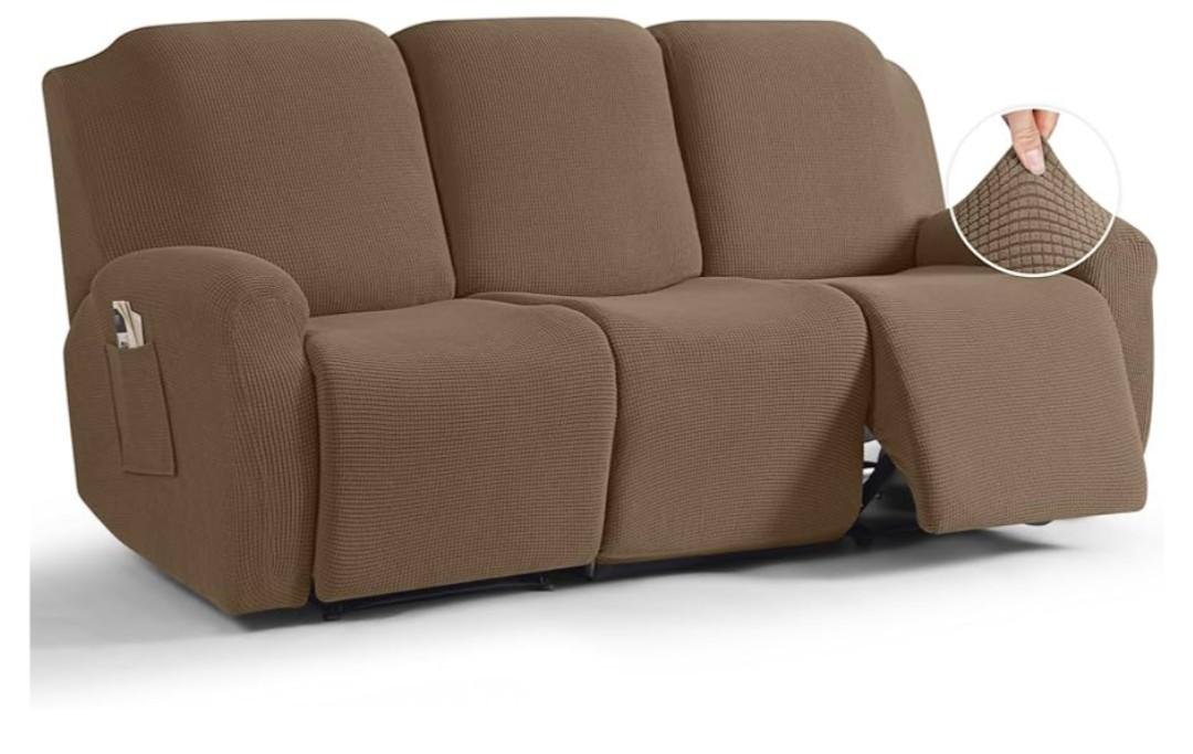 TAOCOCO Recliner Sofa Covers 8-Pieces Stretch Large Couch Covers for 3 Seats Reclining Slipcovers Soft Jacquard Pattern Furniture Protector (Khaki)