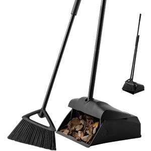 Eyliden Commercial Angle Broom and Dustpan Combo, with Long Handle and Lid, Lobby Dust Pan Sweep Set for Outdoor Garages Courtyard Sidewalks Decks Indoor Home Kitchen Room Office (Black Broom+Dustpan)