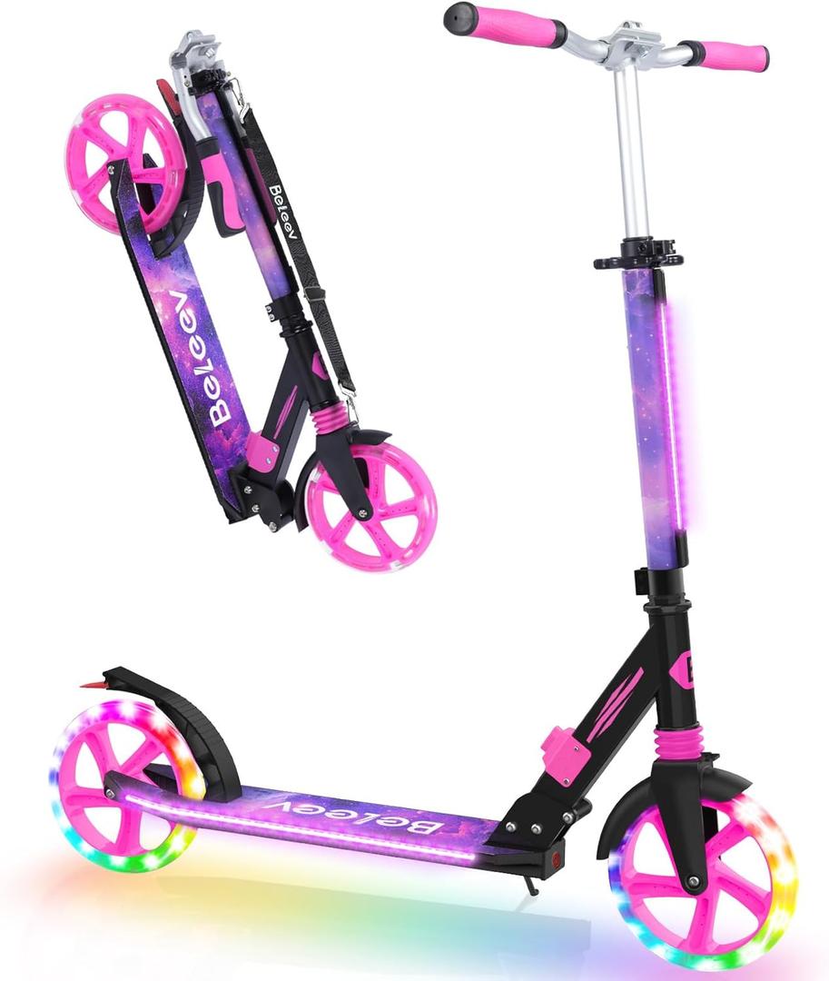 BELEEV V8 Scooters for Kids Ages 6+ with Light-Up Deck, 2 Wheel Folding Scooter for Adults Teens, 4 Adjustable Height, Lightweight Sport Commuter Scooter, Sturdy Frame, Max Load 220 lbs (Galaxy Purple)
