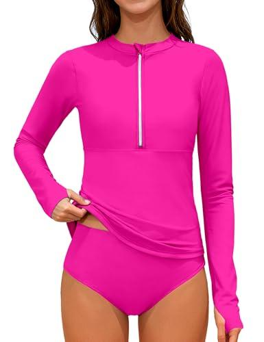 Girls Swimsuits Size 10-12 Half-Zip Long Sleeve Modest Teen Girl Rash Guard Bathing Suits with Chest Padding Two Piece Swimwear Set UPF 50+ Pink, 12-13years