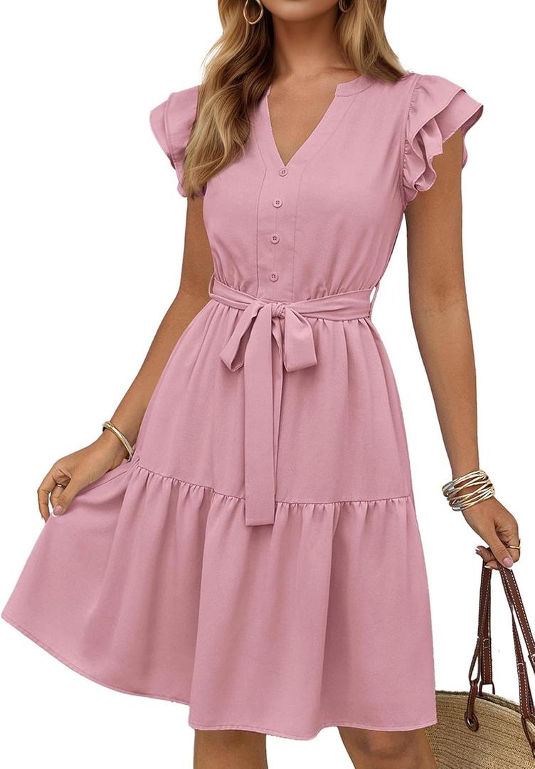 KIRUNDO Women Flutter Sleeve Summer Dress 2025 Spring V Neck Ruffle Flowy Tiered Knee Length Belted Beach Vacation Sundress (Small, Pink)