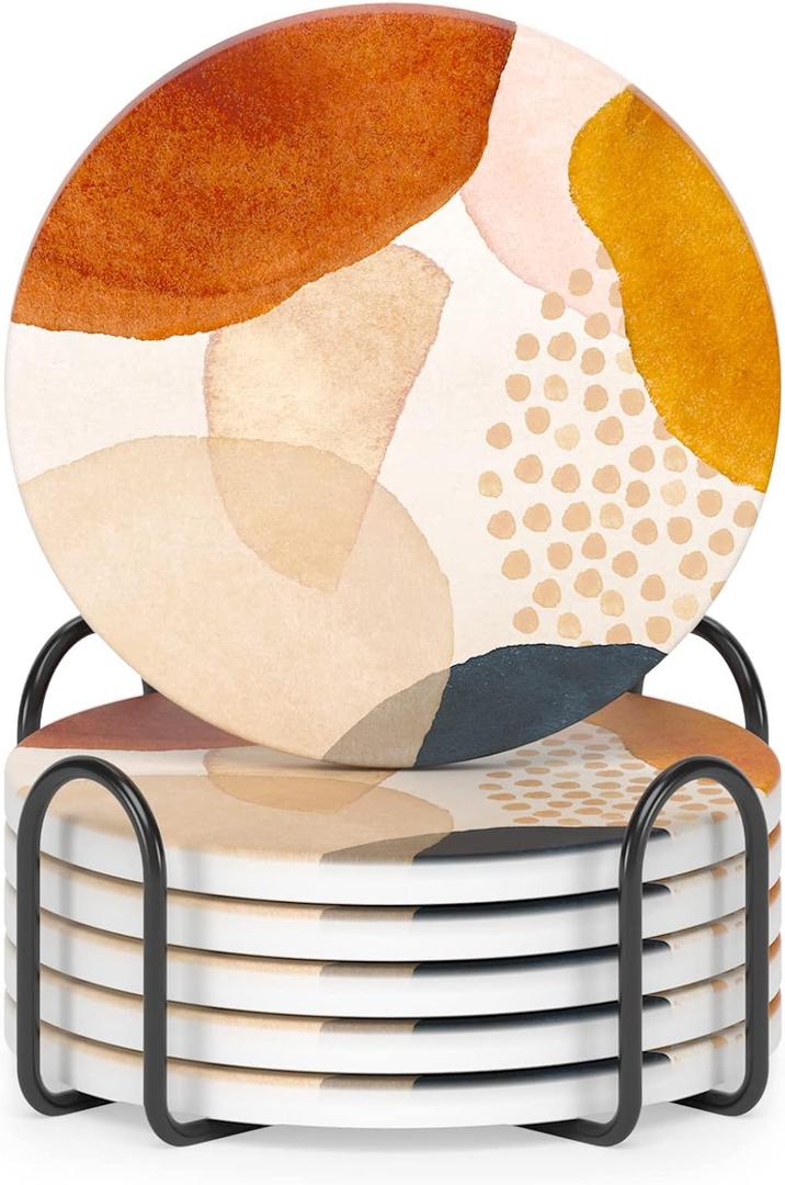 Nipichsha Coasters for Drinks, Set of 6 Cute Absorbent Ceramic Drink Coasters for Cup with Holder and Cork Base, Kitchen Home Decor Housewarming Gift, Round 4 in, Simple Abstract Art