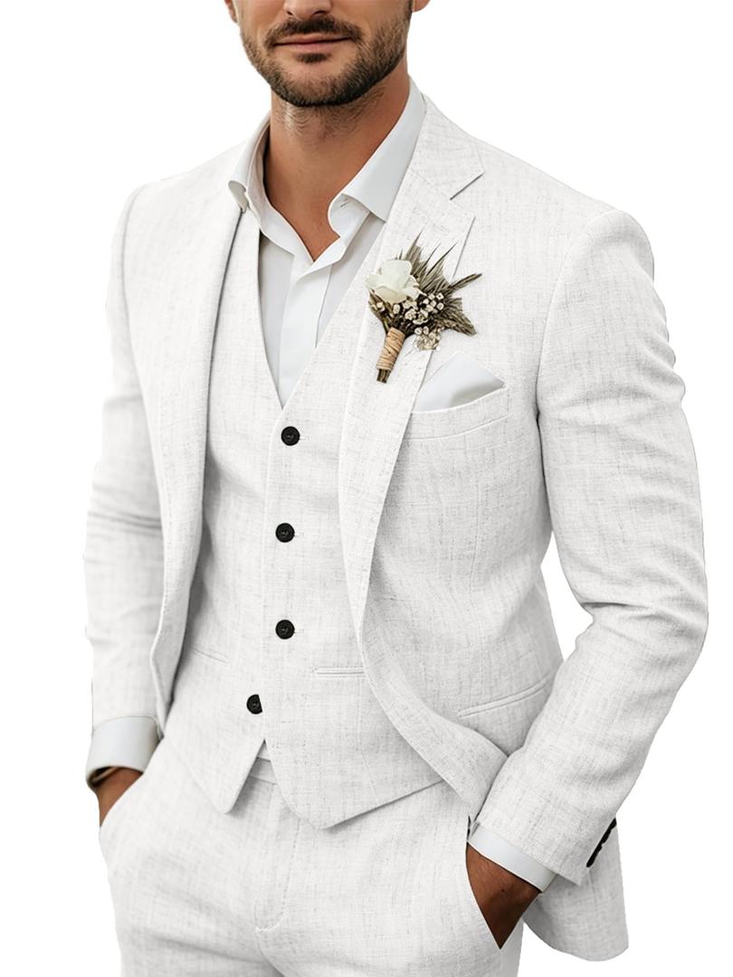 Wedding Prom Groom Suits Blazer Pants Sets Mens Tuxedo Suit Set White, Large