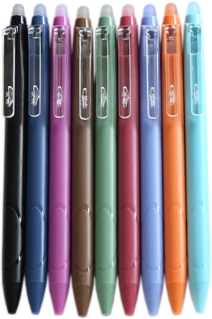 Vintage 9 Colors Erasable Gel Ink Pens 0.5mm Point Assorted Erasable Gel Pen Retractable for Writing Drawing Coloring Art Pack of 9PCS