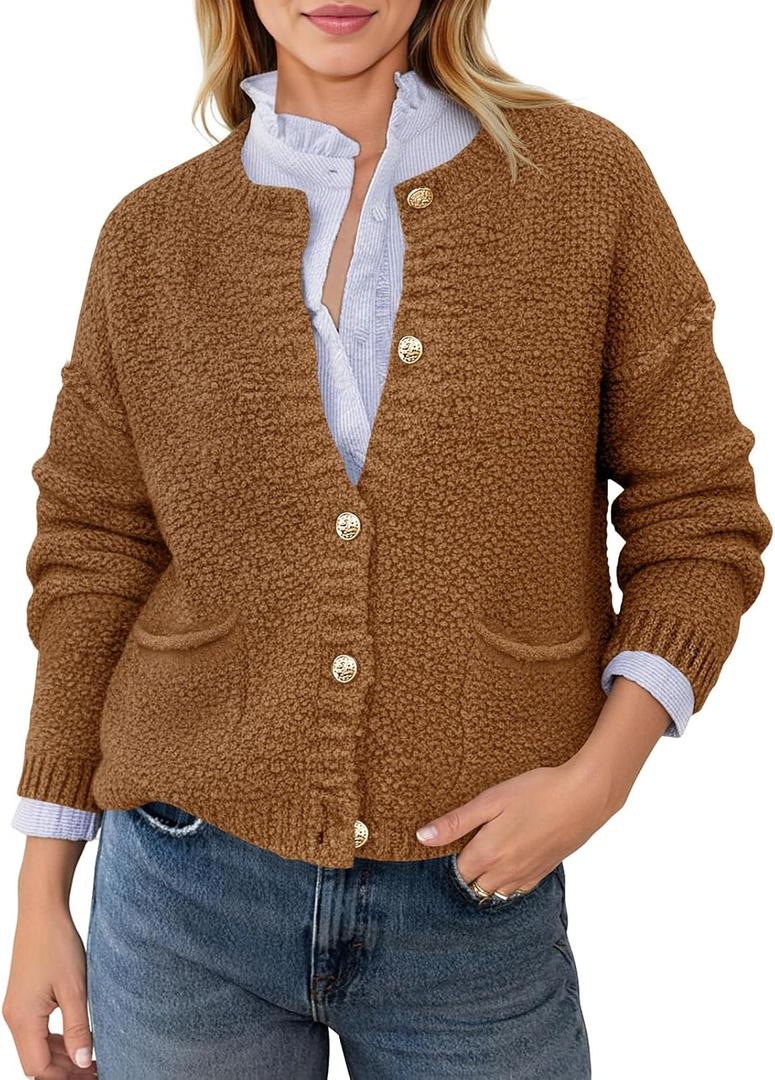Saodimallsu Women's Chunky Knit Cardigan Button Down Crewneck Long Sleeve Cropped Sweater with Pockets