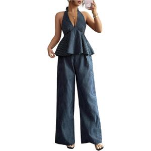 SweatyRocks Women's 2 Piece Outfits Striped Open Back Halter Peplum Top with Pants Matching Sets Dark Blue Medium
