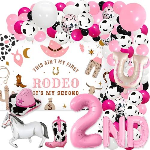 2nd Rodeo Birthday Decorations for Girl - This Ain't My First Rodeo Its My 2nd Birthday Backdrop, Cowboy Balloon Garland Arch Kit for Boys Western Theme Party (PINK)