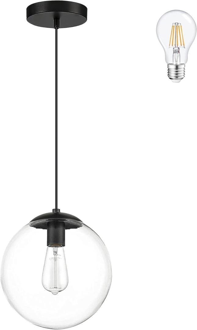 KoKo&Yukina Iluminacin colgante de globo de 8 pulgadas para isla de cocina, lmpara colgante moderna de mediados de siglo con vidrio transparente de globo negro, luces de techo colgantes industriales (negro (Clear & Black))