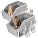 2PACK Stainless Steel Cat Litter Boxes XL Large Metal Pan Include Scoop | High Sides Lid Odor Free Easy Cleaning Anti-Scratch Anti-Urine Leakage Non-Sticky