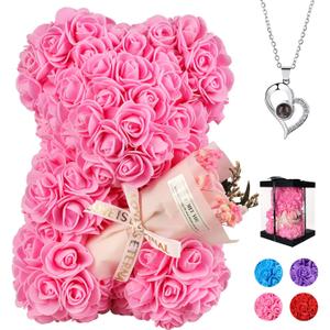 Mothers Day Rose Gifts for Mom, Rose Bear Gifts for Mom from Daughter,Birthday Gift for Her Rose Teddy Bear with I Love You Necklace in 100 Languages(Pink) (Pink-1)