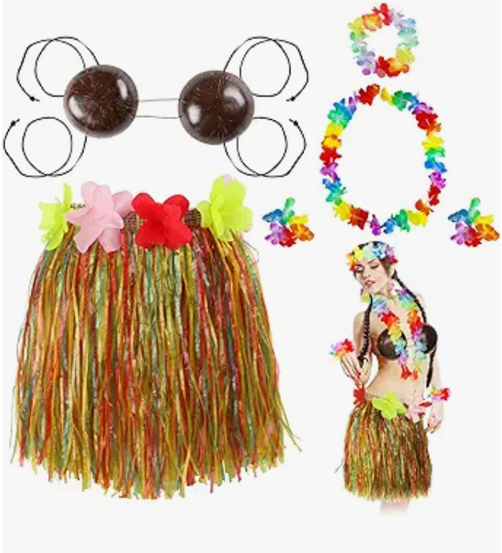 Tigeen 6 Pcs Coconut Bra Hawaiian Grass Hula Skirt Costume Set Dance Leis Outfit for Women Luau Party Supplies,15.7 Inch