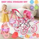 Baby Doll Stroller Toy Set with 12.5'' Doll and Accessories- 2 Doll Clothes, Diaper, Dining Chair, Pacifier, Storage Bag, Baby Doll Stroller Toys for Girls Toddlers 3-5 4-6 5-7 Gifts for Pretend Play