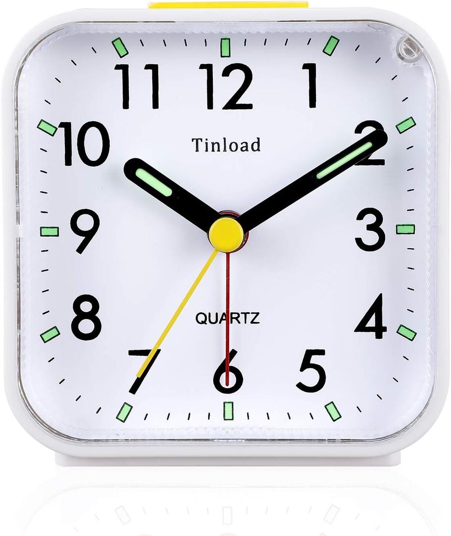 Tinload Small Battery Operated Analog Travel Alarm Clock Silent Non Ticking, Gentle Wake, Ascending Beep Sounds, Snooze,Lighted on Demand, Easy Set(White)