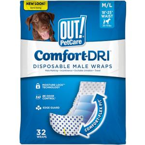 OUT! PetCare Disposable Male Dog Wraps, Puppy Pee Wraps, Belly Bands for Dogs, Leak Proof, Wetness Indicator, Puppy and Doggie Diaper for Peeing, Medium/Large, 32 Count