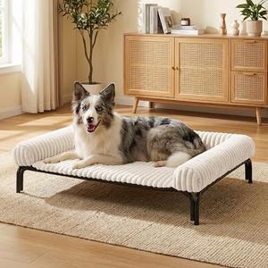 Elevated Dog Bed with Removable Fluffy Pillow Cushion, Raised Pet Cot Washable Bolster, Dog Couch Sofa, Anti Slip Feet, Cream, 36"×26"